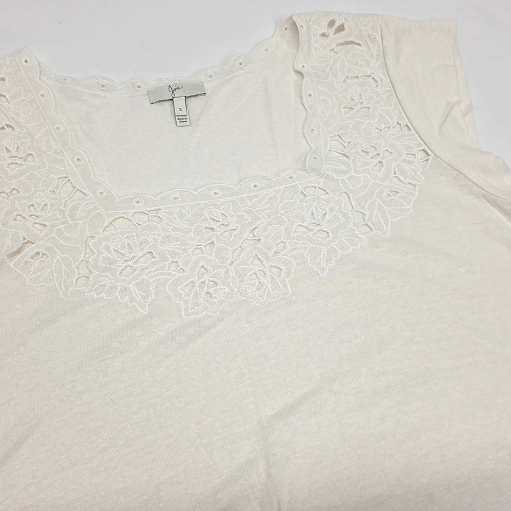 Joie Blouse Womens Small Ivory Linen Blend Floral‎ Eyelet Lace Square Neck Top
